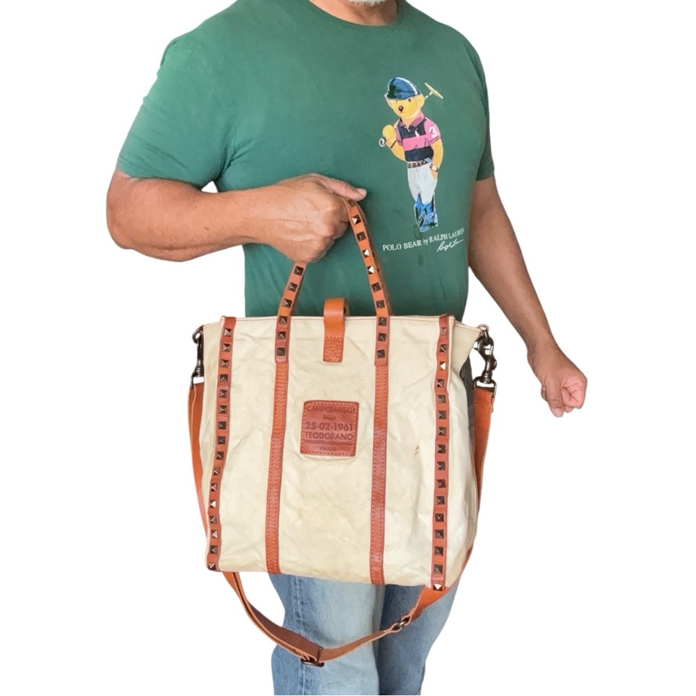Campomaggi canvas and leather tote crossbody studded - Picture 9 of 12